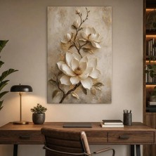 Beyaz Manolya Çiçek Baskılı Cam Tablo – Gold Detaylı Dekoratif Duvar Tablosu