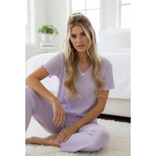 Siyah İnci Lila Mevsimlik Ince Fiyonklu Pijama TAKIM7879