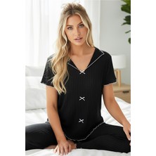 Siyah İnci Siyah Mevsimlik Ince Fiyonklu Pijama TAKIM7879
