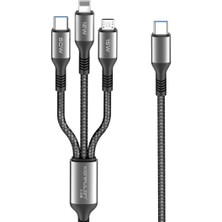 Nacario Mey Ithalat®  DC62 3in1 Type-C To 60W Type-C / 12W Lightning / 15W Micro 1.2m Hızlı Şarj Kablo - Siyah