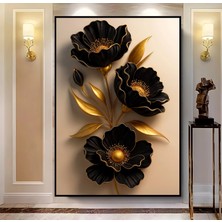 Emya Home Siyah Metal Çerçeveli Kabartma Görünümlü Siyah Çiçek Kanvas Tablo