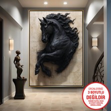 Emya Home Gold Metal Çerçeveli Kabartma Görünümlü Siyah At Kanvas Tablo