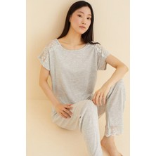 Siyah İnci Gri Dantel Detaylı Soft Touch Ince Örme Pijama Takım