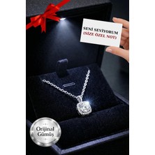 Carat Stone 925 Ayar Gerçek Gümüş Kare Halo Kadın Kolye , Işıklı Kutuda