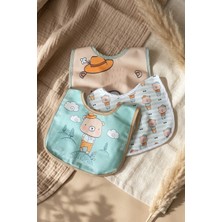 Hayat Store Little Gentleman Serisi 3'lü Lüks Pamuklu Bebek Mama Önlüğü - Mint Yeşili ve Bej Ayıcık Desenli Sıvı Geçirmez Ayarlanabilir Çıtçıtlı Set 0-12 Ay