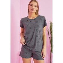 Siyah İnci Antrasit Yıldız Desenli Pamuklu Şort-Pijama Takım
