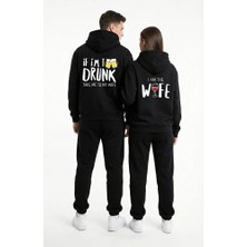 Nevermind Unisex Mizahi Yazı Baskılı Sevgili Kombini Oversize Hoodie Seti Siyah
