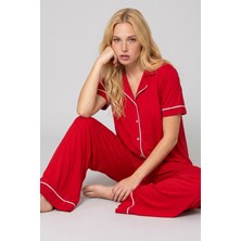 Siyah İnci Kadın Kırmızı Kısa Kollu Pamuklu Düğmeli Biyeli Pijama Takım