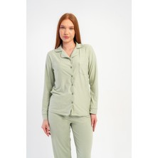 Obje Kadın Yeşil Marla Gömlek Yaka Düğmeli Pijama Üstü