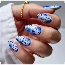 Kadın Jel Nail Art Baskılı Mavi Ebruli Desenli Design Badem Oval Takma Tırnak