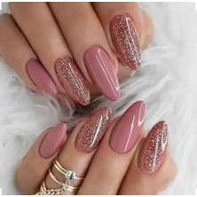 Kadın Jel Nail Art Baskılı Simli Eflatun Design Badem Oval Takma Tırnak