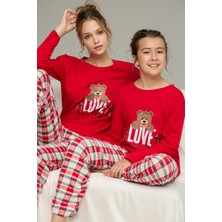 Siyah İnci Kırmızı Ekose Desenli Pamuklu Bisiklet Yaka Örme Pijama TAKIM25241129
