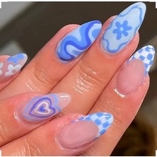 Kadın Jel Nail Art Mavi Kalp Hipnotize Baskılı Design Badem Oval Takma Tırnak