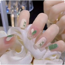 Kadın Jel Nail Art Baskılı Yeşil Design Badem Küt Kare Takma Tırnak