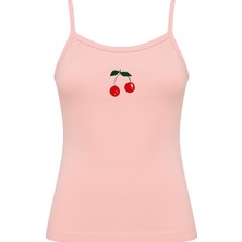 Obje Kadın Pembe Kiraz Desenli Likra Cotton İp Askılı Atlet