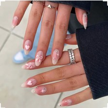 Kadın Jel Nail Art Baskılı Pembe Kalp Fiyonk French Design Badem Oval Takma Tırnak