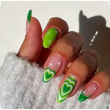 Kadın Jel Nail Art Baskılı Yeşil Kalp French Design Badem Oval Takma Tırnak