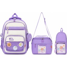 Roxbros Kawaii Kore Tarzı Aksesuarlı 3'lü Set Lila Kız Çocuk Okul Çantası Ilkokul Sırt Çantası Beslenme Çantası Kalemlik