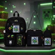 Roxbros Kore Tarzı Minecraft Temalı Siyah Erkek Çocuk Okul Çantası Ilkokul Ortaokul Çanta Seti 3'lü Beslenme+Kalemlik