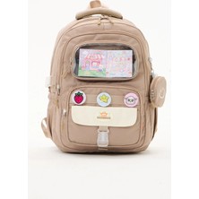 Roxbros Bej Kız Çocuk Ilkokul Okul Çantası Kawaii Çok Bölmeli Rozetli Sırt Çantası