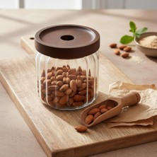 Deconox Akasya Kapaklı Çizgili Cam Kavanoz (450 Ml) / Hava Geçirmez, Modern Fitilli Tasarım Gıd