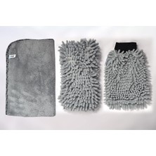 Spark 3'lü Set Mikrofiber Peluş Oto Kurulama Bezi & Yıkama Süngeri & Temizlik Eldiveni
