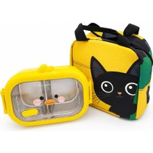 Valkyrie 304 Paslanmaz Çelik Çocuk Beslenme Kabı Kedili Termal Çantalı 2 Bölmeli Lunch Box Yem