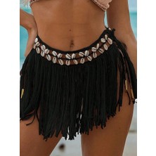 Çamaşır Kenti Siyah Bikini Üstü Deniz Kabuklu Püsküllü Pareo,beachwear,bikini Üstü El Emeği Plaj Eteği,bohem Etek