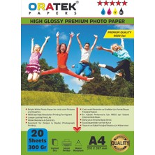 Oratek Epson L3560 Fotoğraf Kağıdı A4 Premium Parlak Çift Taraflı 300 Gr. 20 Adet, Beyaz