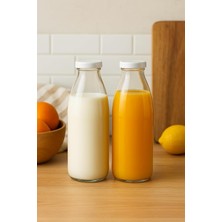 2 Adet Beyaz Plastik Kapaklı 1 Litre Şeffaf Sürahi Süt, Ayran, Su, Limonata Meşrubat Şişesi C