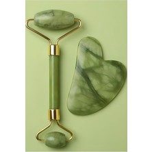 %100 Doğal Taş Masaj Aleti ve Kalp Gua Sha Yüz Bakım Taşı Yeşim Taşı Yeşim Taşı 2li Set