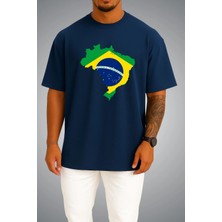 Bahriyeli Collection Oversize Brezilya Bayrağı ve Haritası Göğüs Baskılı Unisex T-Shirt