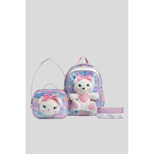 Wander Bag Kız Çocuk Peluş Ayıcık Ilkokul Okul Sırt Çantası Beslenme Çantası ve Kalemlik 3'lü Set