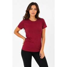 Hsc Bilişim Kadın Basic Tişört Bisiklet Yaka Kısa Kol Günlük Yazlık Slim fit T-Shirt - Bordo