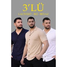 Erkek Waffle Kumaş Yakalı Kısa Kol Düğmeli Gömlek 3’lü Set Bej-Beyaz-Lacivert
