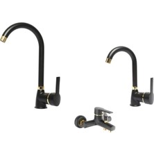 Dora Shopping Faumıx Gold Altın Siyah Banyo Lavabo Mutfak Bataryası Musluğu Çeşmesi 3'lü Set