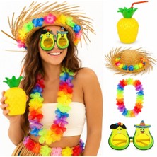 Uravas Store Hawaii Parti Seti Ananas Bardak Hasır Şapka Avokado Gözlük Çiçek Kolye