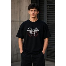 Tarz Yeri Erkek Gotik Yazı Baskılı Oversize Bisiklet Yaka T-Shirt - Siyah