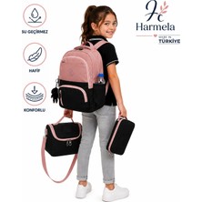 Ilk Okul Çantası 3'lü Seti Unisex Çocuk Ilkokul Çantası HRM-8010 Pudra-Siyah