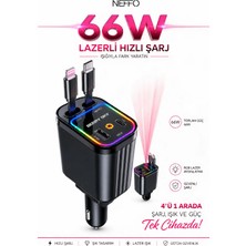 Neffo Arada Araç Şarj Cihazı | Type-C + Lightning | Usb-C & Usb-A | Tavan Aydınlatmalı | 180°