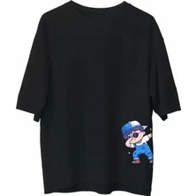 Mrayss  Unisex Bisiklet Yaka Baskılı Oversize T-Shirt - Siyah