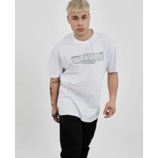 Mrayss  Unisex Bisiklet Yaka Baskılı Oversize T-Shirt - Beyaz