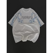 Mrayss  Unisex Bisiklet Yaka Baskılı Oversize T-Shirt - Beyaz