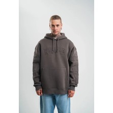 Mrayss  Erkek Nakış Işlemeli Kapşonlu Antrasit Sweatshirt Üç Iplik Double Oversize- Füme