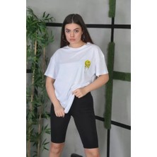 Mrayss  Unisex Bisiklet Yaka Baskılı Oversize T-Shirt - Beyaz
