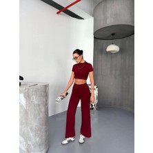 Mrayss  Osy Modal Yumuşak Dokulu Kumaş Kısa Kollu Crop Alt Ispanyol Paça Pantalon Ikili Takım - Bordo