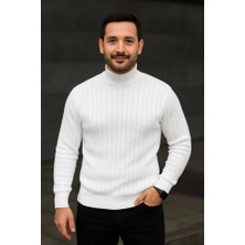 Mrayss  Erkek Balıkcı Yaka Bağazlı Triko Kazak Pamuklu Kalın Fitilli Dokuma, Regular Fit Uzun Kollu Kışlık Model - Beyaz