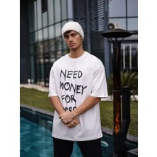 Mrayss  Unisex Bisiklet Yaka Baskılı Oversize T-Shirt - Beyaz