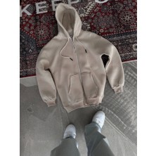 Mrayss  Oversize Tam Fermuarlı Uzun Kol Hırka - Bej