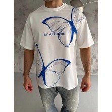 Mrayss  Unisex Bisiklet Yaka Baskılı Oversize T-Shirt - Beyaz
